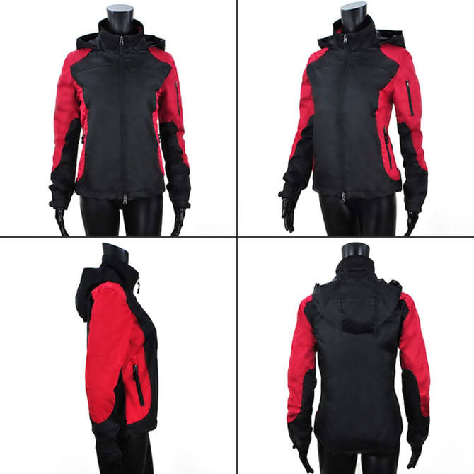 A black and red jacket with a hood, featuring zippered pockets and a logo. Displayed from multiple angles.