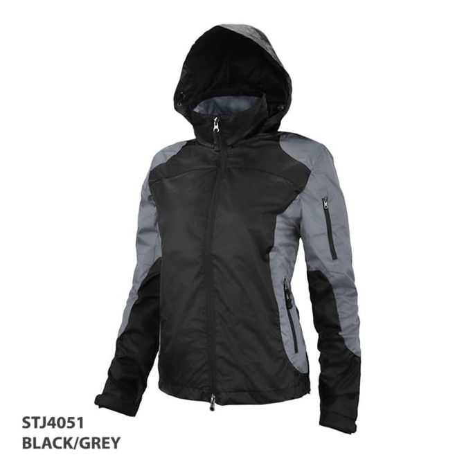 A black and grey jacket with a hood, featuring zippered pockets and a sleek design. It has a logo on it.