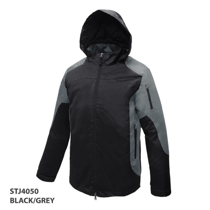 A black and grey zip-up jacket with a hood and multiple zippered pockets, featuring a logo.