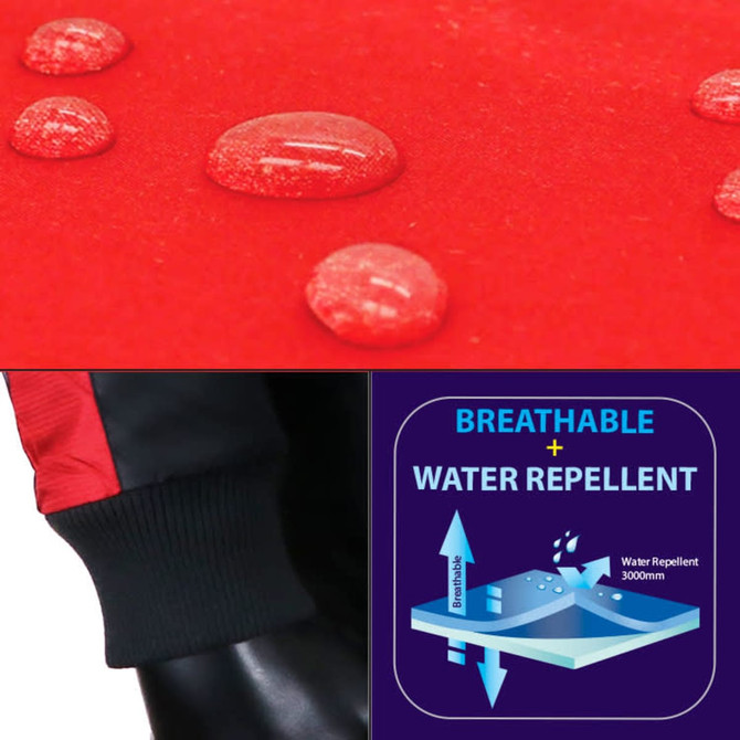 A red jacket with water droplets on the surface, featuring a breathable and water-repellent design and a logo.