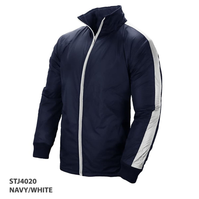 A navy and white Pinnacle Jacket with a zip front and a collar, featuring contrasting stripes on the sleeves.