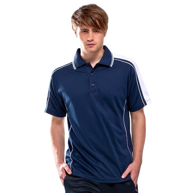A navy blue polo shirt with white detailing and a logo on the chest. Designed for casual wear.