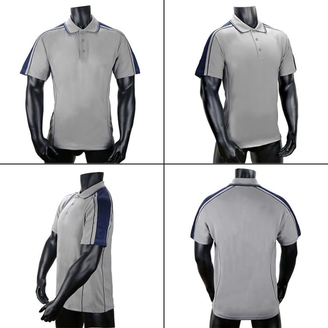 Grey polo shirt with dark blue accents, displayed on a mannequin from multiple angles. Includes a logo on the shirt.