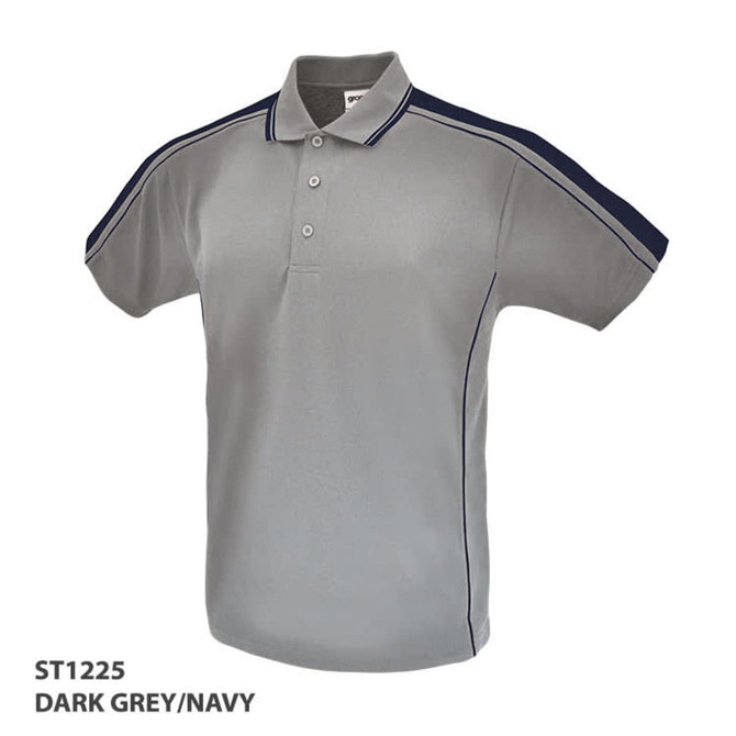 A polo shirt in dark grey with navy accents and a branded logo. Featuring a classic collar and three buttons.