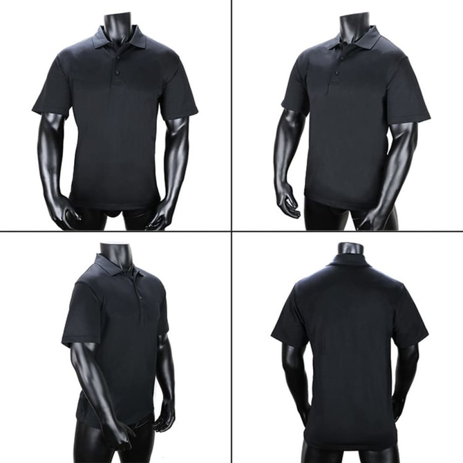 A black polo shirt displayed on a mannequin from multiple angles, featuring a collar and short sleeves.