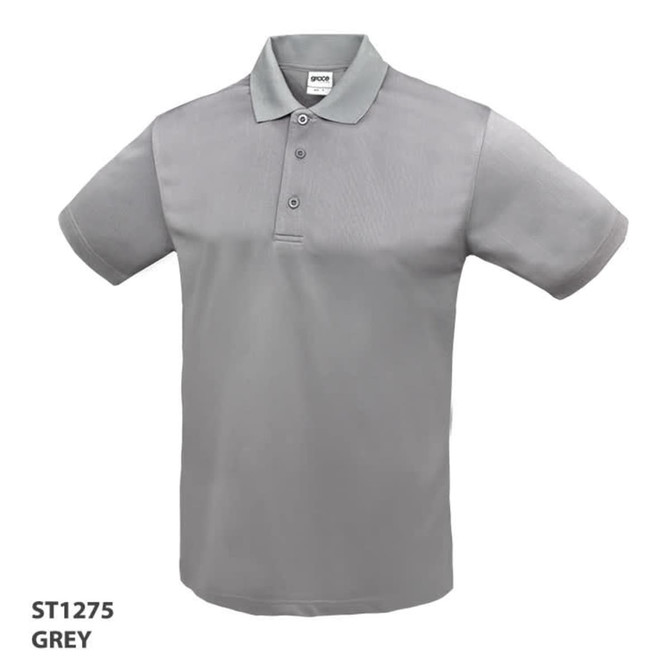 A grey polo shirt featuring a collared neckline and a button placket, with a branding logo.