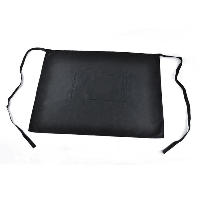 A black short waist apron with ties and a pocket, featuring a simple design and no visible branding.