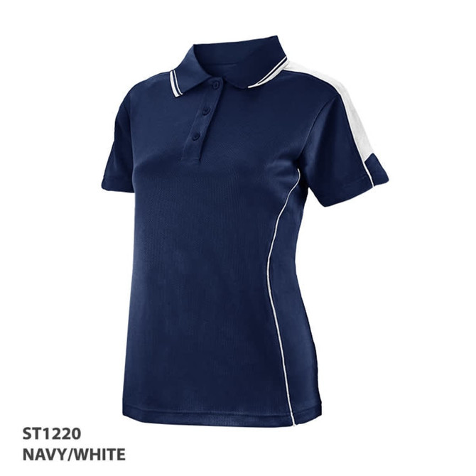 A navy and white polo shirt featuring a collar and short sleeves, with a logo on the front.
