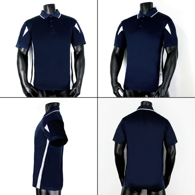 A navy blue polo shirt with white accents, displayed from multiple angles. Features short sleeves and a branding logo.