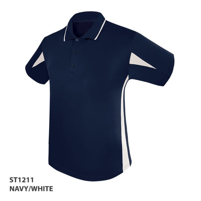 A navy and white polo shirt featuring short sleeves and a logo.