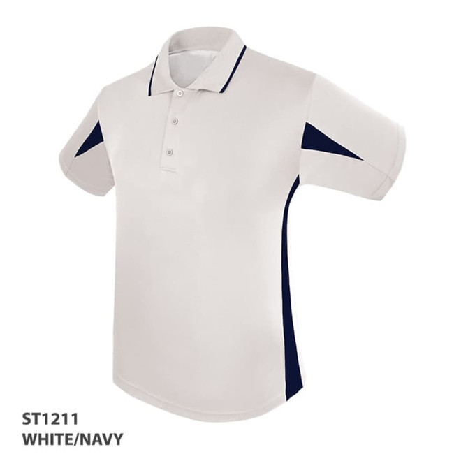 A cotton polo shirt in white and navy, featuring a logo and side panels in navy blue.