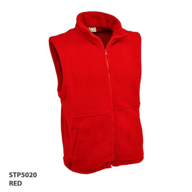 A sleeveless red polar fleece jumper featuring a full zip and a high collar, with a logo present.