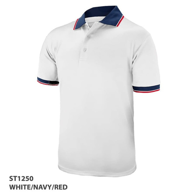 A white polo shirt with navy and red accents, featuring a collar and a logo.