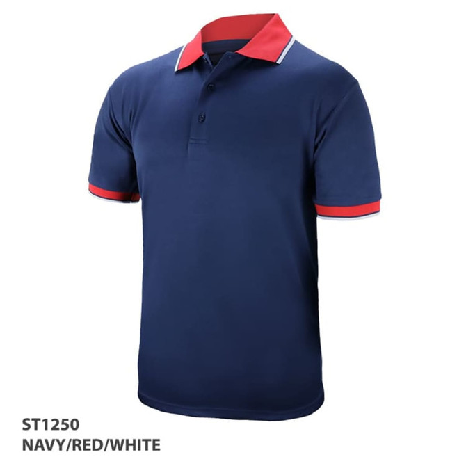 A navy polo shirt with red and white accents and a collar, featuring a branding logo.