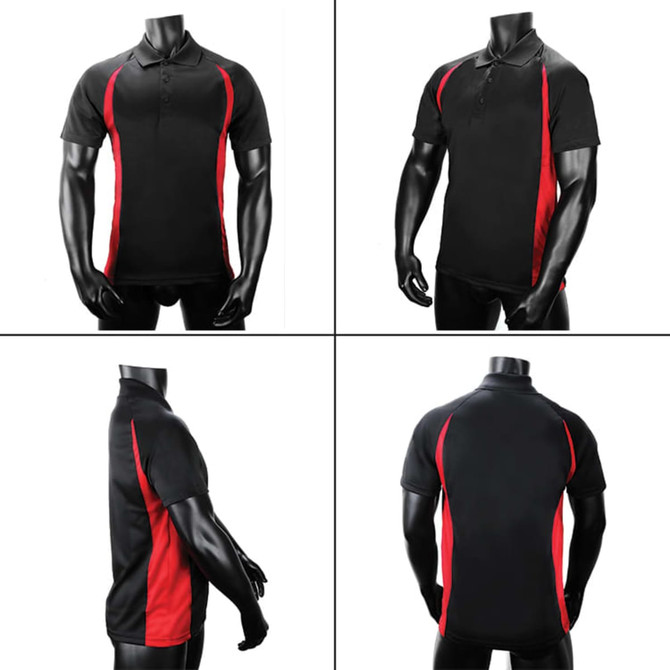 A black polo shirt with red side panels, displayed from multiple angles. The shirt features a logo.