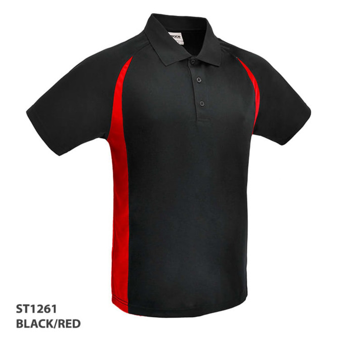 A black polo shirt with red accents, featuring a collar and short sleeves. It includes a branding logo.