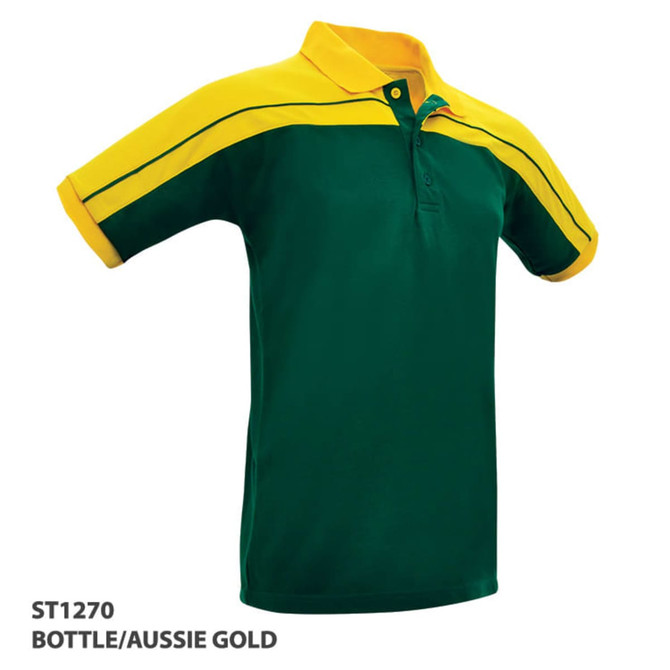 A green and gold polo shirt featuring a logo, with short sleeves and a stylish collar design.