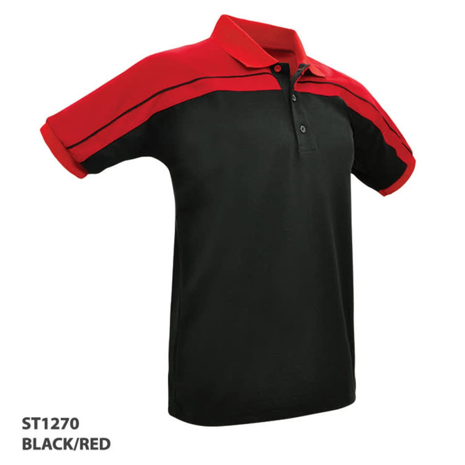 A black polo shirt with red accents and a logo, featuring a collar and short sleeves.