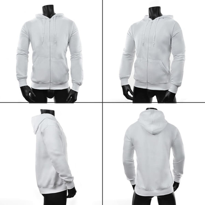 A white hoodie displayed from multiple angles, featuring a front zipper and hood, with a logo present.