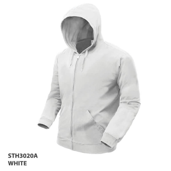 A white hoodie with a front zip and large front pockets, featuring a hood and a logo.