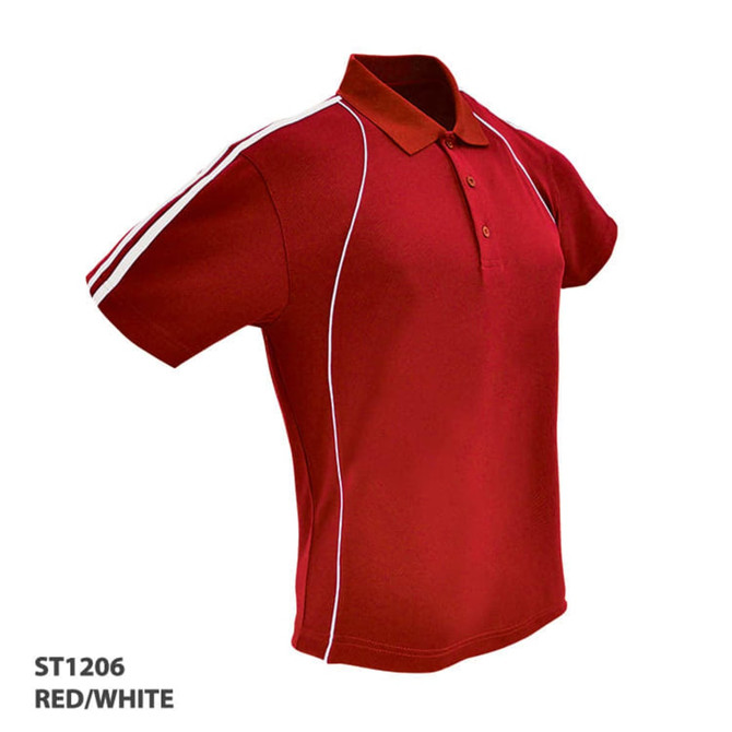 A red polo shirt featuring white accents and a collar, with a logo on the front.