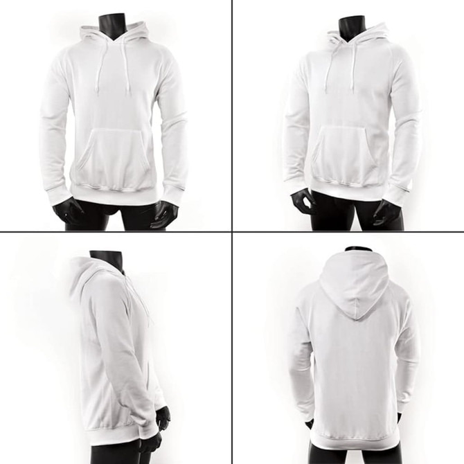 A white hoodie displayed from multiple angles, featuring a front pocket and a hood, with a logo visible.