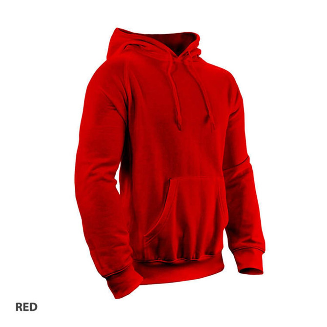 A red hoodie with a front pocket and drawstrings, featuring a logo on the design.
