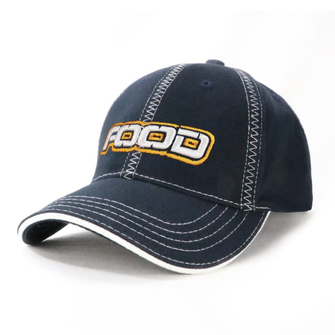 A navy cap with white stitching and a logo on the front. The cap features a curved brim and six panels.