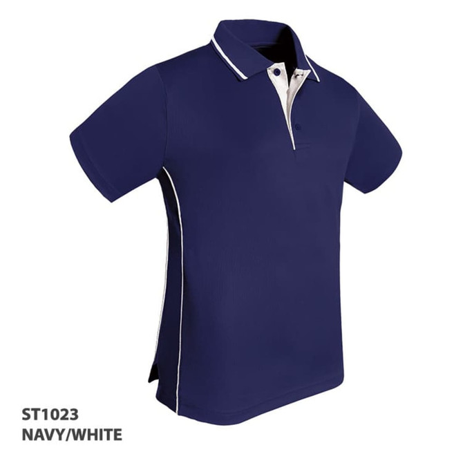 A navy and white polo shirt with a contrast collar and side stripes. It has a logo on the chest.