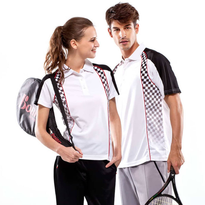A couple stands together wearing Northern Polos in white, featuring black and red checkerboard designs. One holds a tennis racquet.