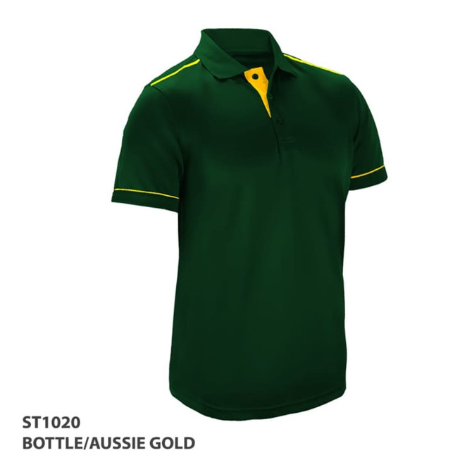 A green polo shirt with gold accents and a logo, featuring a collar and short sleeves.