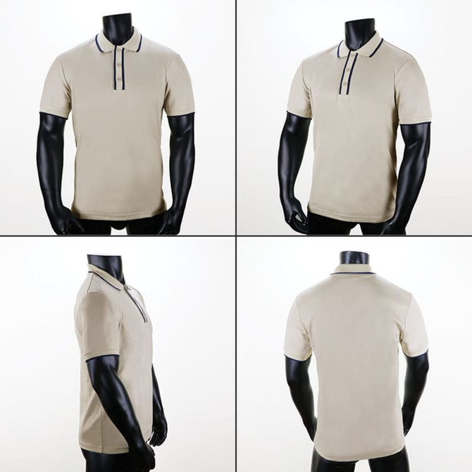A beige polo shirt with a contrasting collar, displayed from multiple angles on a mannequin. It features a logo.