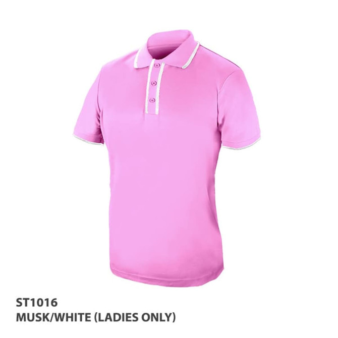 A pink polo shirt featuring a white collar and buttons, with a logo on the chest.