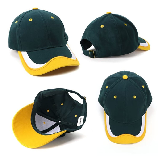 A green and yellow cap with a curved brim, featuring a logo and multiple angles of view.