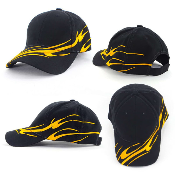 A black cap featuring a bold yellow wave design, with a logo on the front and side. Adjustable back closure.