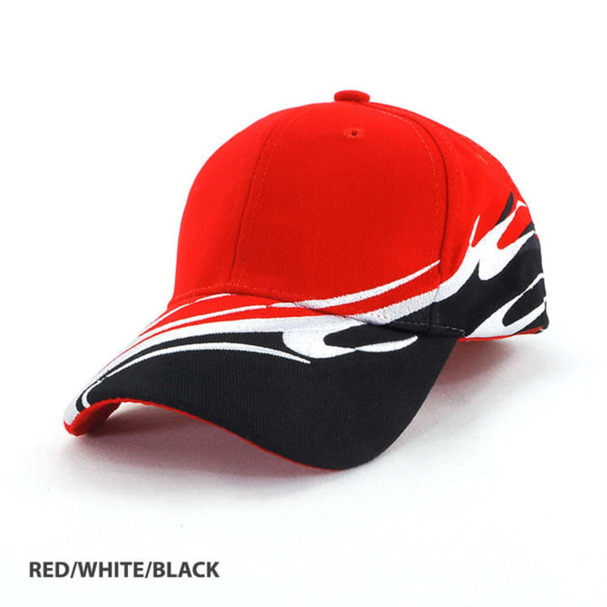A red cap with a wave design in black and white, featuring a branded logo.