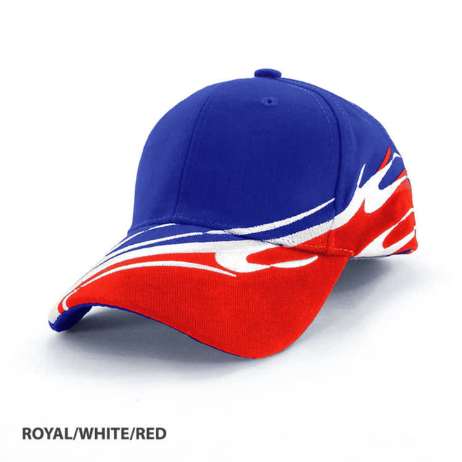 A cap featuring a wave design in royal blue, white, and red, with a logo on the front.