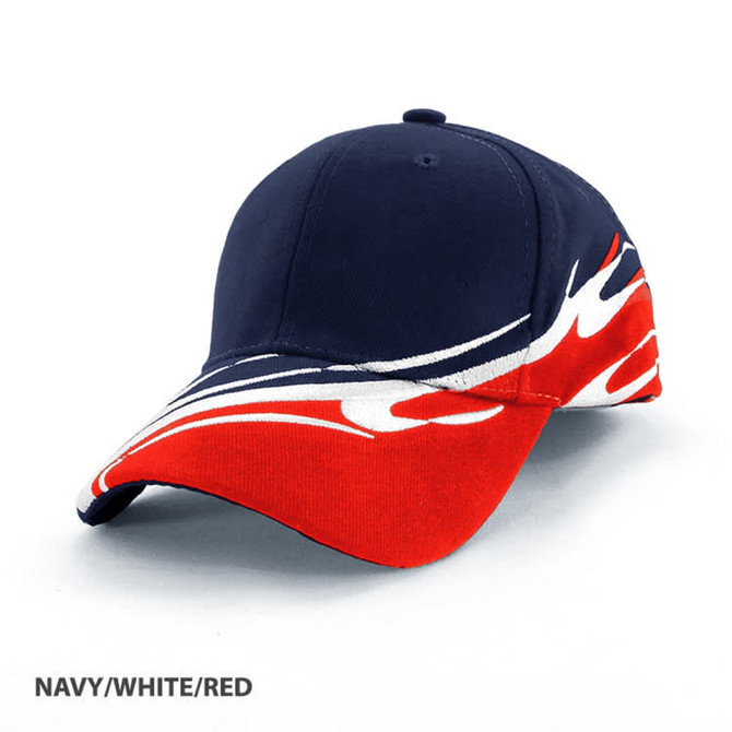 A navy, white, and red cap featuring a wave design and a branding logo on the front.
