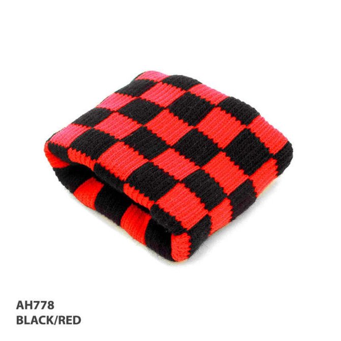 A folded wristband featuring a black and red checkered pattern, showcasing a knitted texture and a logo.