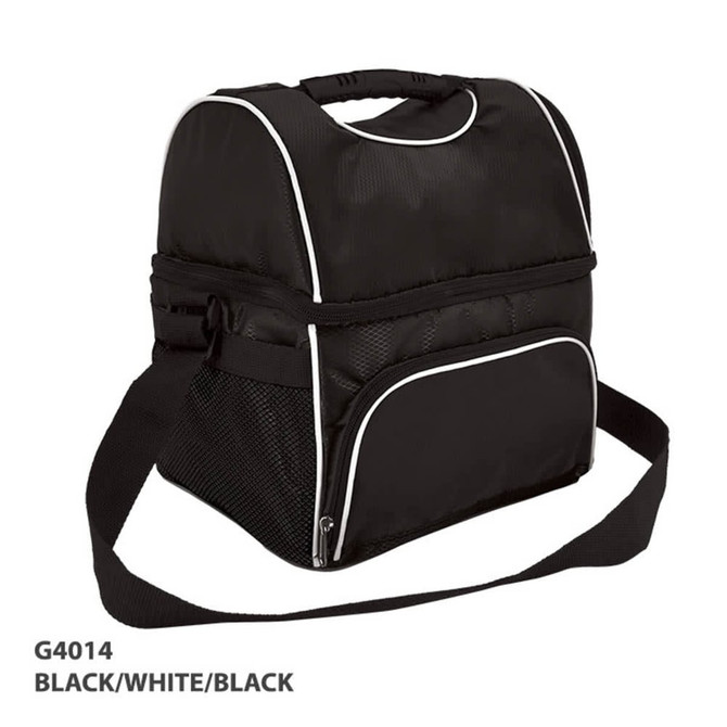 A black cooler bag with white accents, featuring a shoulder strap and a front zip pocket. It has a logo on it.