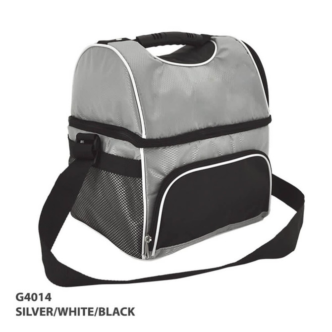 A silver, white, and black cooler bag with a shoulder strap and mesh side pocket, featuring a logo.