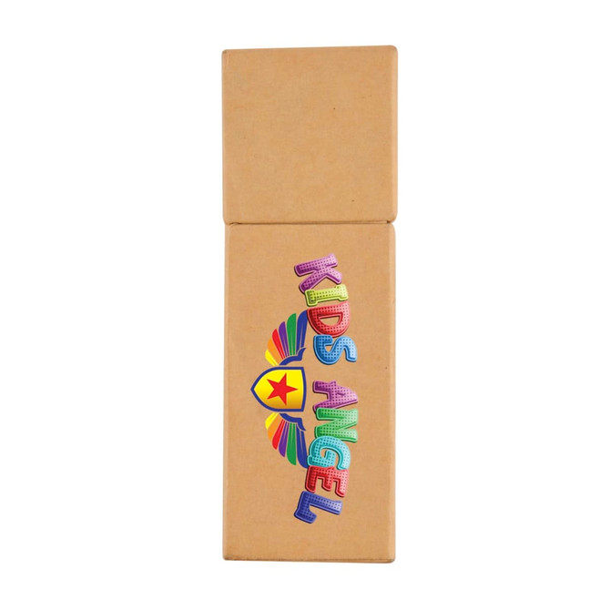 A pencil set packaging featuring the name "Kids Angel" in colorful lettering and a graphic of a shield with a star.
