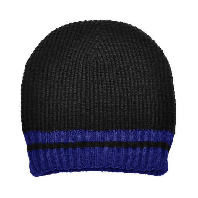 Acrylic knit beanie in black with a blue and black striped band. Features a logo on the side.