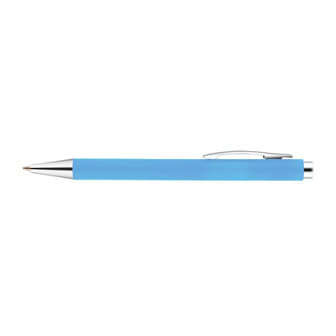 A blue plastic pen with a chrome clip and tip, featuring a sleek design and branding.