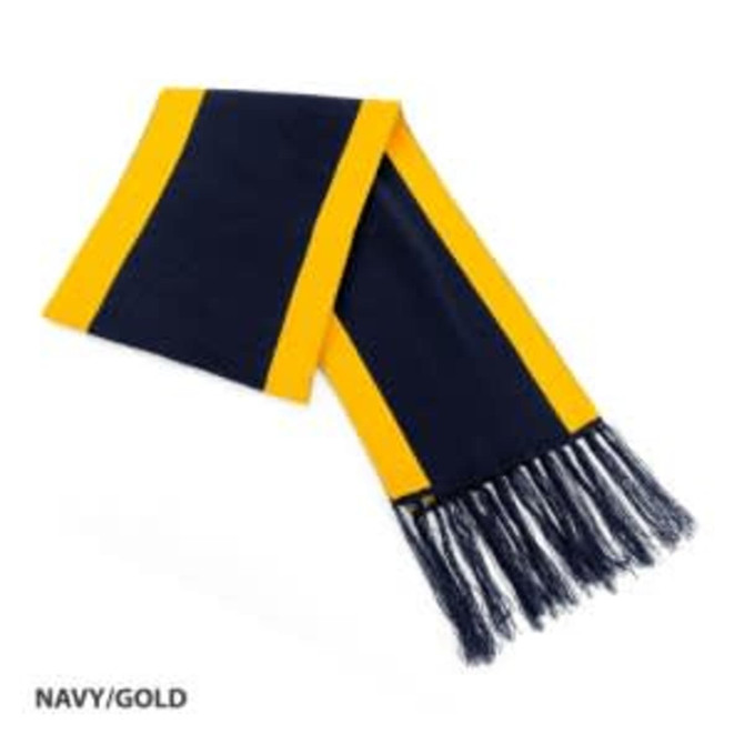 Acrylic scarf in navy and gold with fringed ends and a bold striped design. Features a logo.
