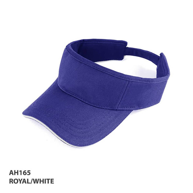 A visor in royal blue and white with a curved brim and an adjustable strap at the back. It features a logo.