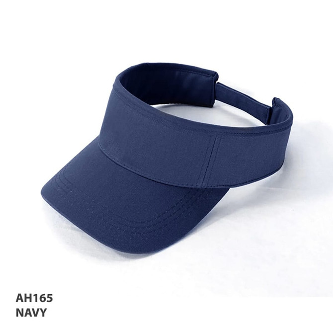 A navy visor with a wide brim and adjustable strap, featuring a logo on the front.