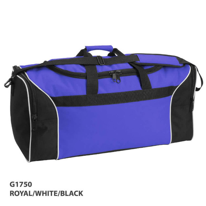 A blue, white, and black duffle bag with dual handles and zippers, featuring a logo or branding.