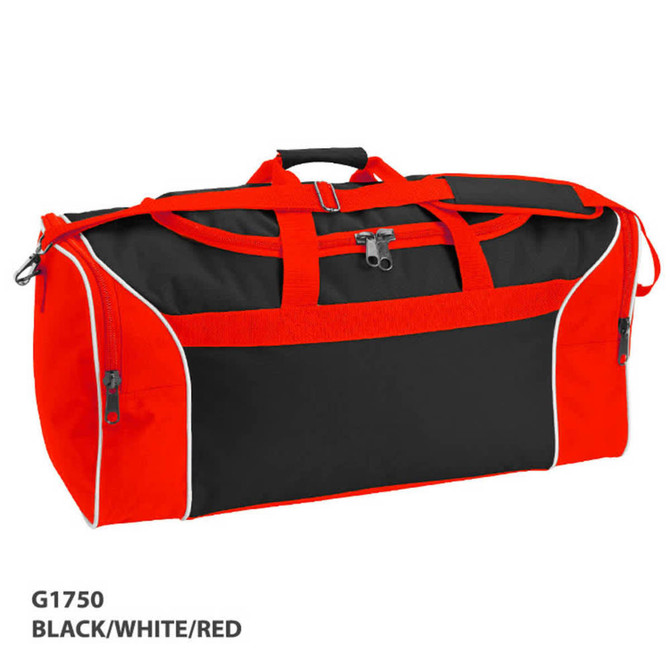 A duffle bag in black, white, and red, featuring a zip closure and carrying handles, with a logo.