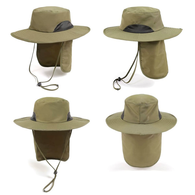 An olive green outdoor hat featuring a wide brim and a neck flap, designed for sun protection. Includes a logo.